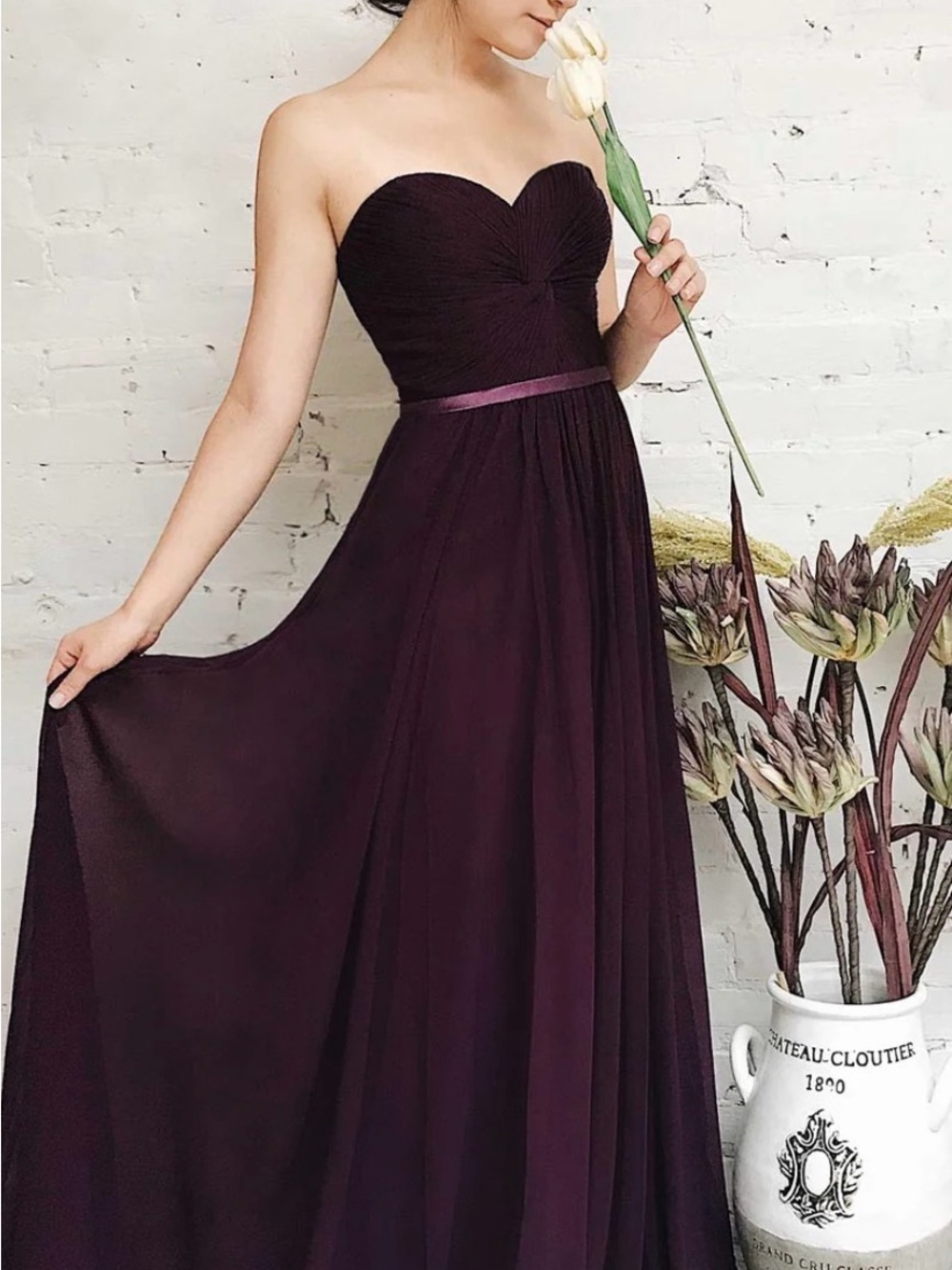 Strapless Burgandy Chiffon Evening Dress
